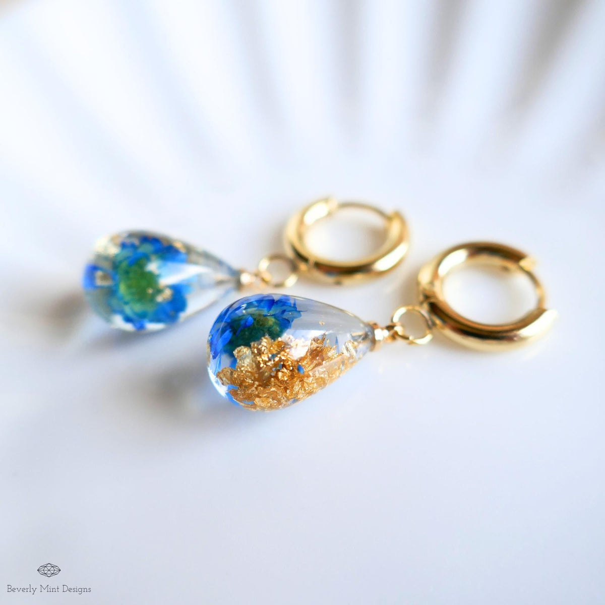 Blue Pressed Flower Resin Earrings Teardrop Dangle Earrings Gold Hoop Botanical Jewelry Handmade Nature Earrings
