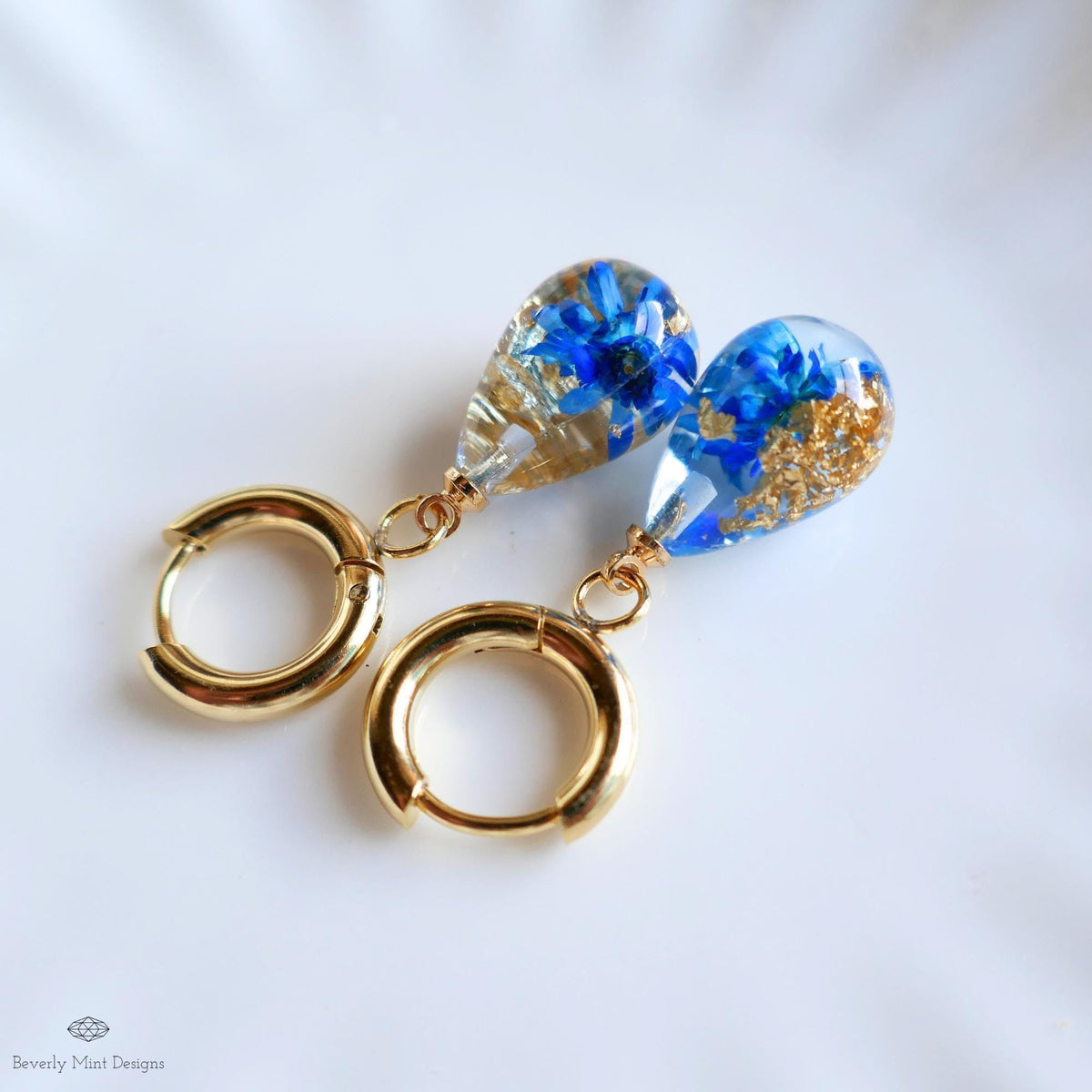 Blue Pressed Flower Resin Earrings Teardrop Dangle Earrings Gold Hoop Botanical Jewelry Handmade Nature Earrings