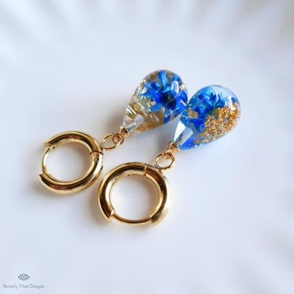 Blue Pressed Flower Resin Earrings Teardrop Dangle Earrings Gold Hoop Botanical Jewelry Handmade Nature Earrings