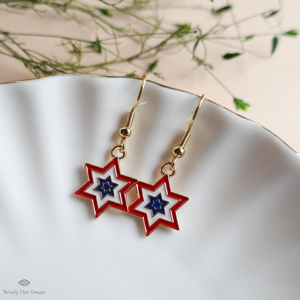 Patriotic Star Earrings, Red White Blue Double Star Dangle Jewelry, USA 4th of July Earrings, Sensitive Ear & Clip-On Options