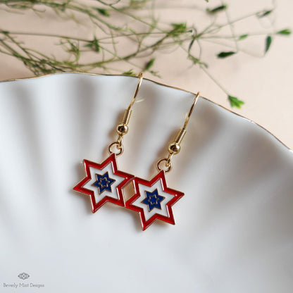 Patriotic Star Earrings, Red White Blue Double Star Dangle Jewelry, USA 4th of July Earrings, Sensitive Ear & Clip-On Options