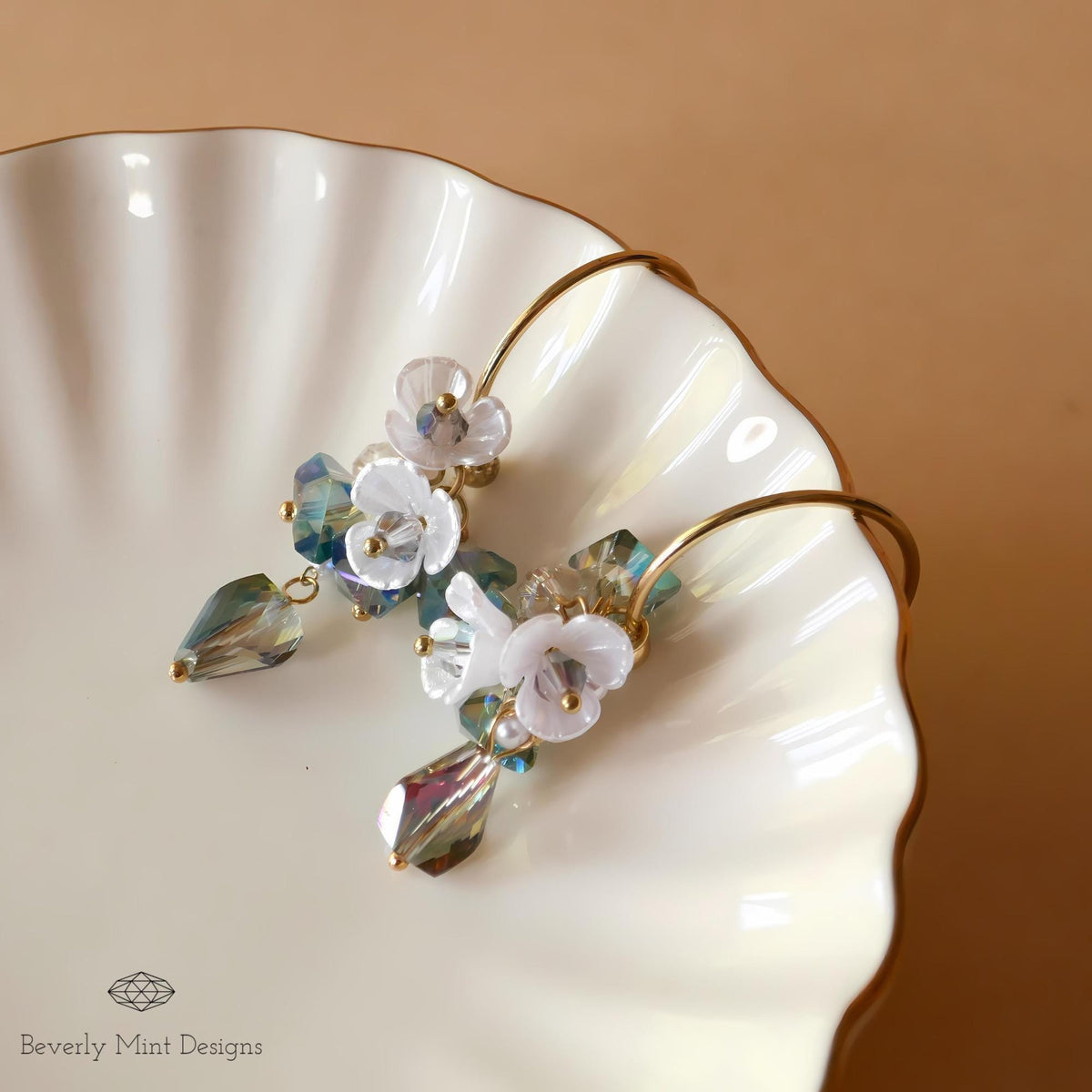 Pearly Flower Earrings, Flower Drop Earrings ,Feminine Earrings, Floral Chandelier Earrings, Unique Jewelry