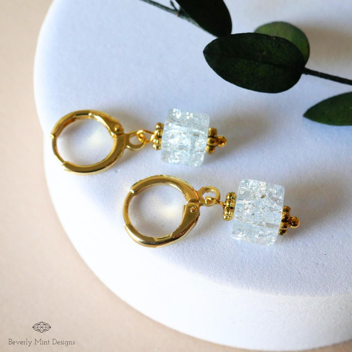 Gold Hoop Earrings, Light Blue Glass Bead Earrings, Minimalist Blue Dangle Earrings, Pastel jewelry, Sensitive Ear & Clip-On Options