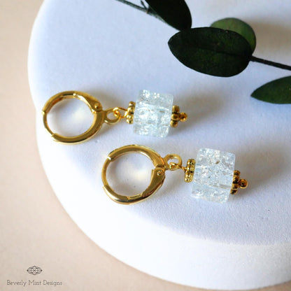 Gold Hoop Earrings, Light Blue Glass Bead Earrings, Minimalist Blue Dangle Earrings, Pastel jewelry, Sensitive Ear & Clip-On Options