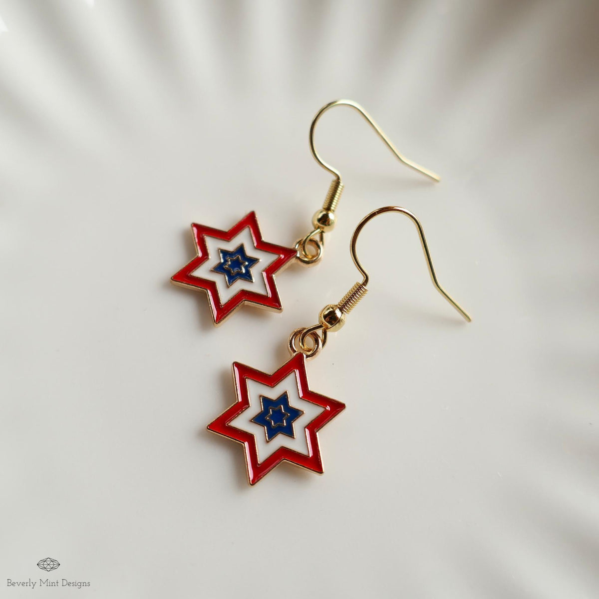 Patriotic Star Earrings, Red White Blue Double Star Dangle Jewelry, USA 4th of July Earrings, Sensitive Ear & Clip-On Options