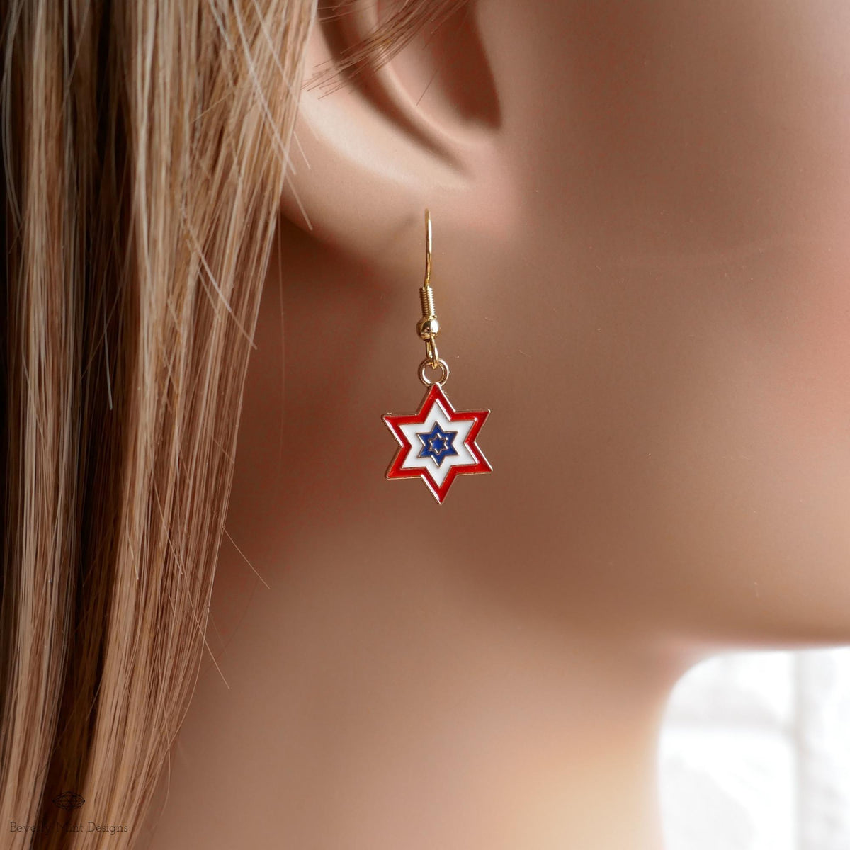 Patriotic Star Earrings, Red White Blue Double Star Dangle Jewelry, USA 4th of July Earrings, Sensitive Ear & Clip-On Options
