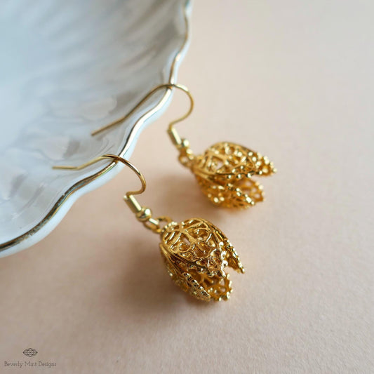 Gold Tulip Earrings, Filigree Dangle Earrings, Boho Drop Earrings, Vintage Style Jewelry, Floral Earrings, Sensitive Ear & Clip-On Options