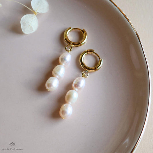 Gold Hoop Earrings with Freshwater Pearls Classic Pearl Drop Earrings Dangle Pearl Hoops Bridal Jewelry  Minimalist Style