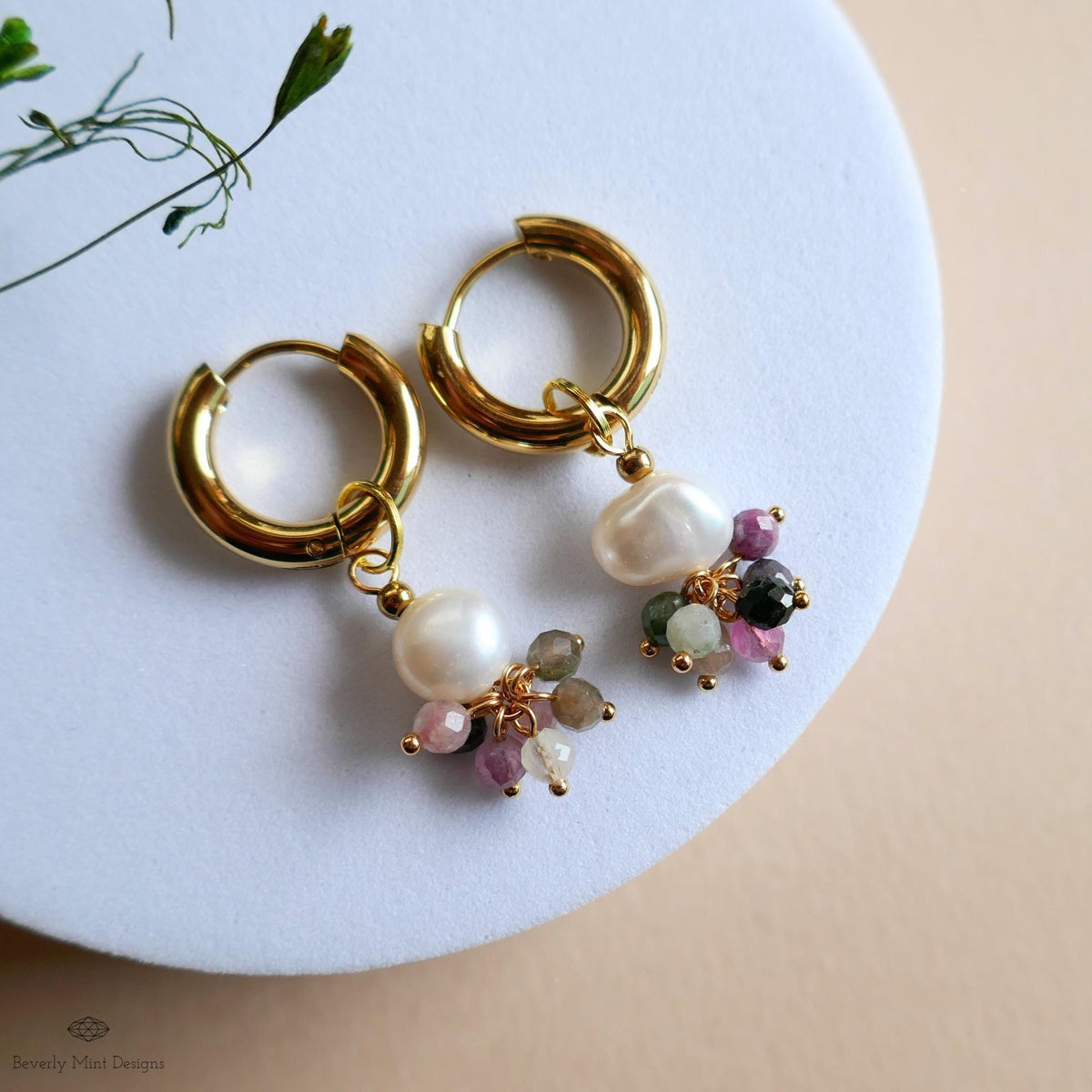 Chunky Hoop Huggie Earrings, Pearl Cluster Drops, Gold Boho Earrings, Dainty Gift for Her, Handmade Fall Jewelry, Gift For Her
