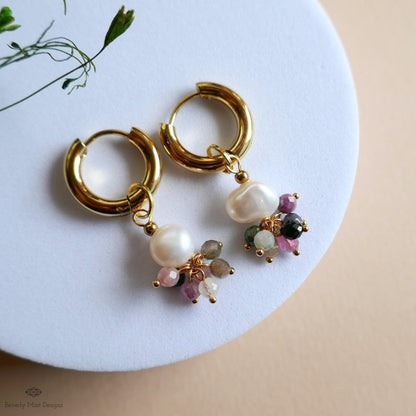 Chunky Hoop Huggie Earrings, Pearl Cluster Drops, Gold Boho Earrings, Dainty Gift for Her, Handmade Fall Jewelry, Gift For Her