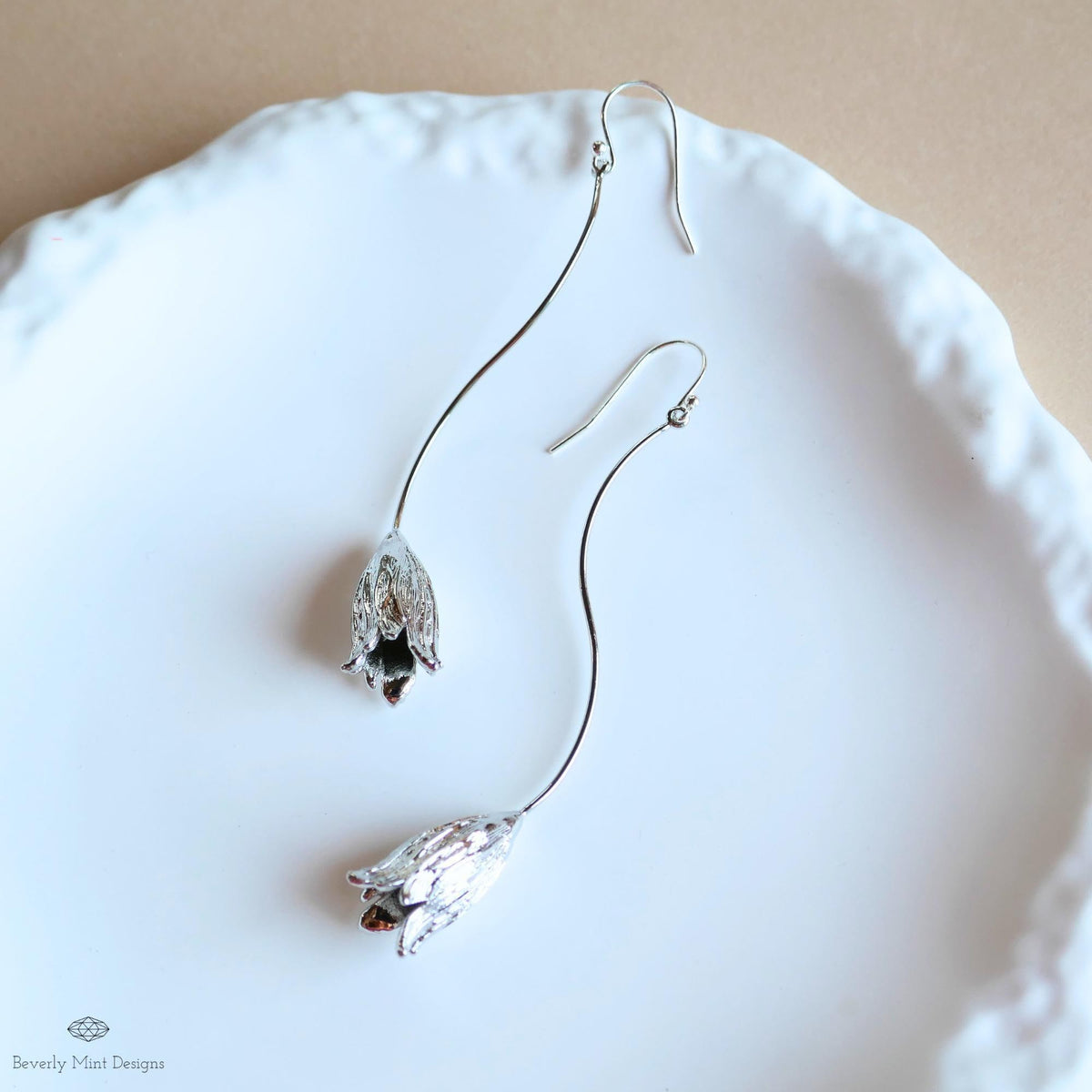 Silver Tulip Drop Earrings, Botanical Nature Inspired Copper Jewelry, Sensitive Ear & Clip-On Options