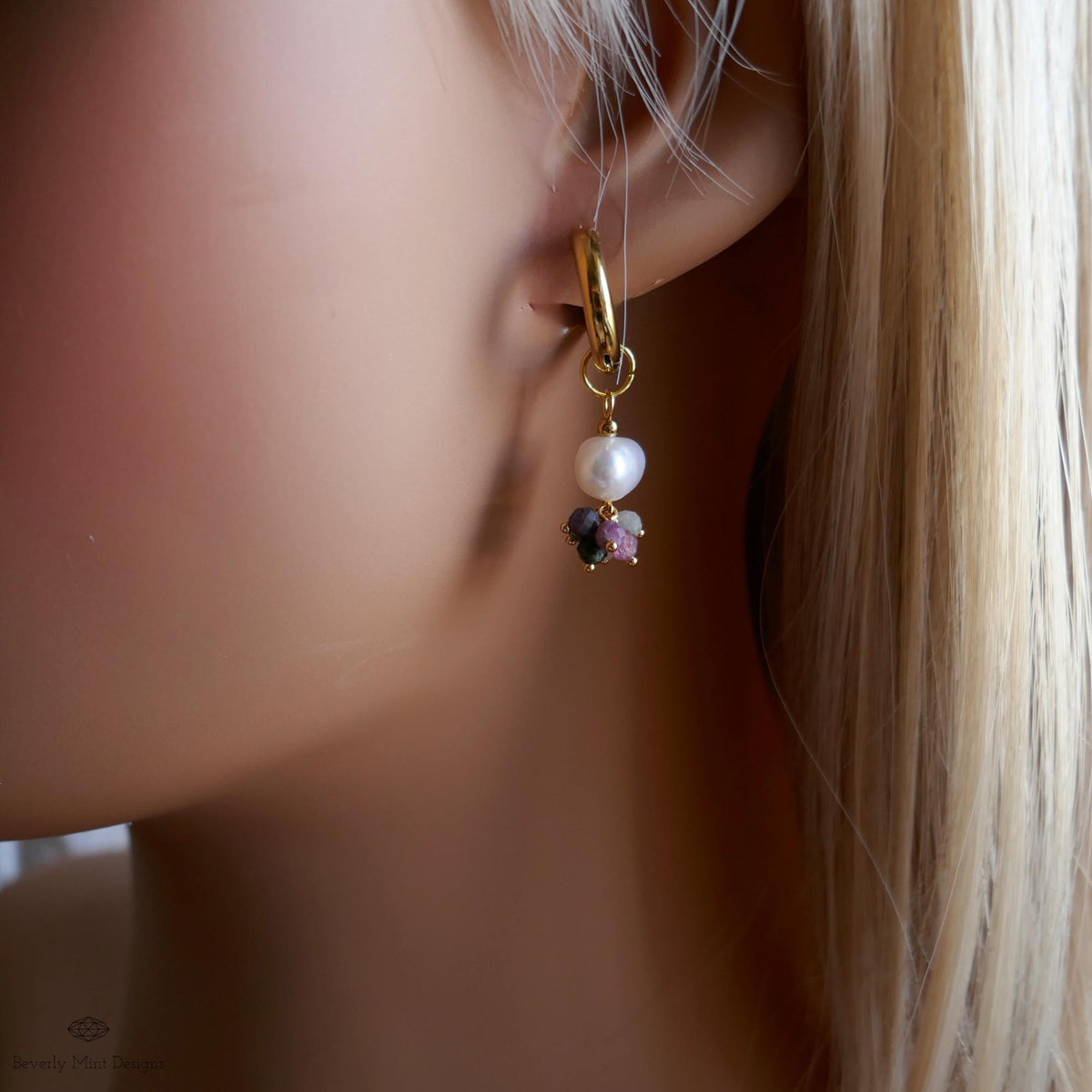 Chunky Hoop Huggie Earrings, Pearl Cluster Drops, Gold Boho Earrings, Dainty Gift for Her, Handmade Fall Jewelry, Gift For Her