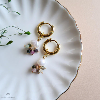 Chunky Hoop Huggie Earrings, Pearl Cluster Drops, Gold Boho Earrings, Dainty Gift for Her, Handmade Fall Jewelry, Gift For Her