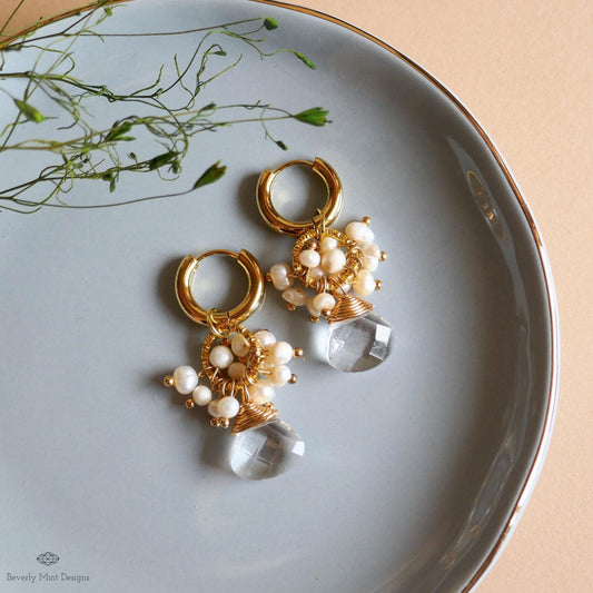 Clear drop earrings, pearl cluster earrings, gold hoop earrings, bridal jewelry, handmade gift for her, dangle earrings