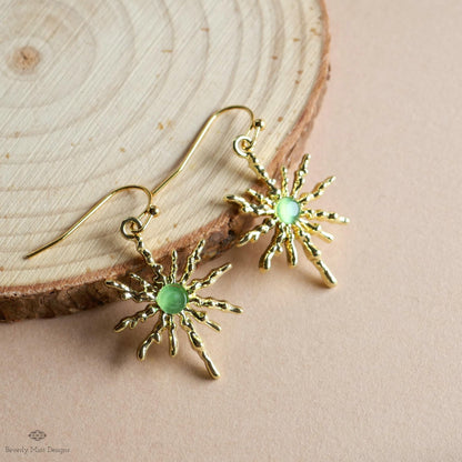 Sun Earrings, Gold Sunburst Earrings with Green Stone, Celestial Boho Jewelry, Dangle Earrings for Women, Sensitive Ear & Clip-On Options