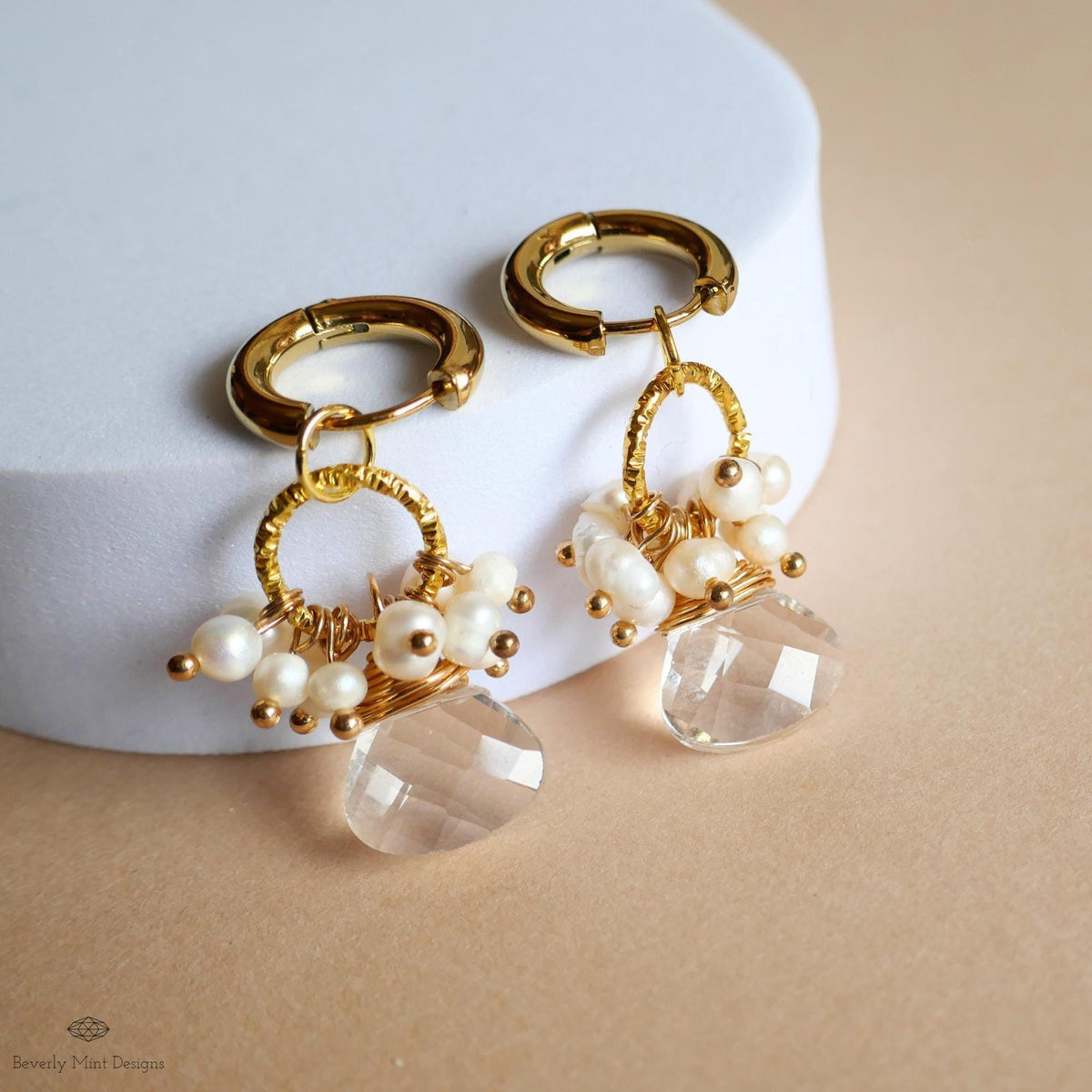 Clear drop earrings, pearl cluster earrings, gold hoop earrings, bridal jewelry, handmade gift for her, dangle earrings