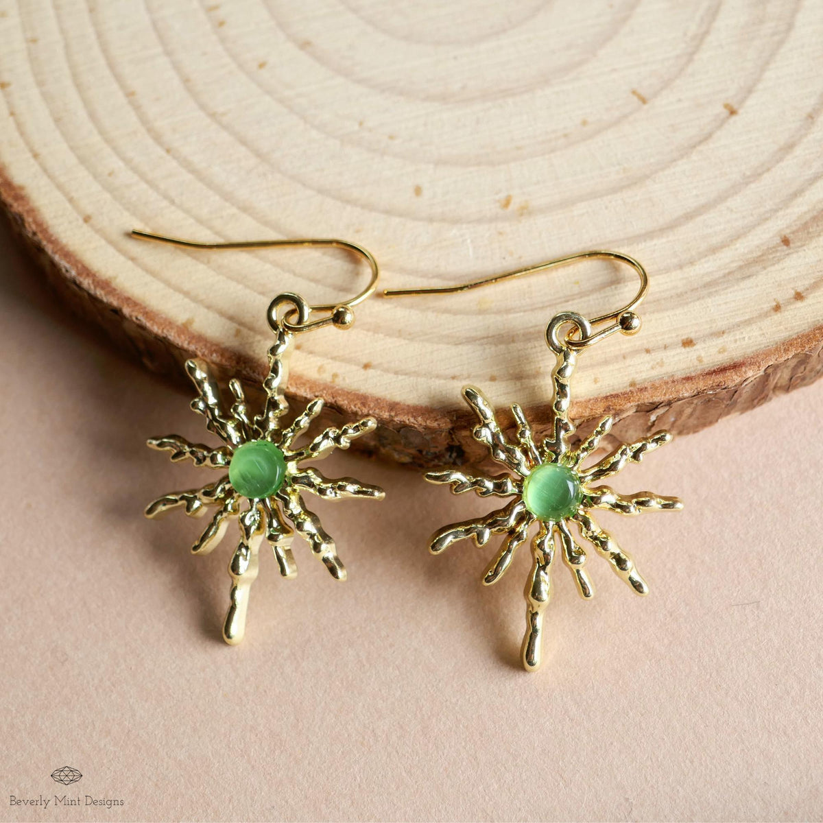 Sun Earrings, Gold Sunburst Earrings with Green Stone, Celestial Boho Jewelry, Dangle Earrings for Women, Sensitive Ear & Clip-On Options