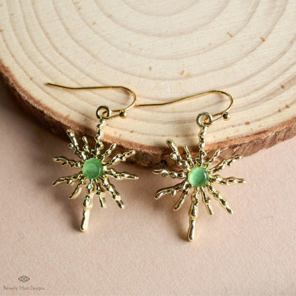 Sun Earrings, Gold Sunburst Earrings with Green Stone, Celestial Boho Jewelry, Dangle Earrings for Women, Sensitive Ear & Clip-On Options