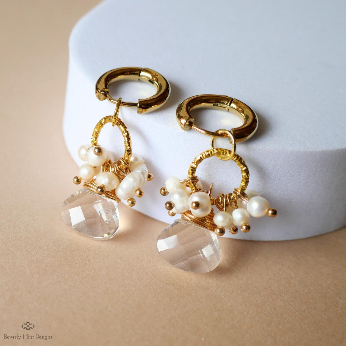 Clear drop earrings, pearl cluster earrings, gold hoop earrings, bridal jewelry, handmade gift for her, dangle earrings