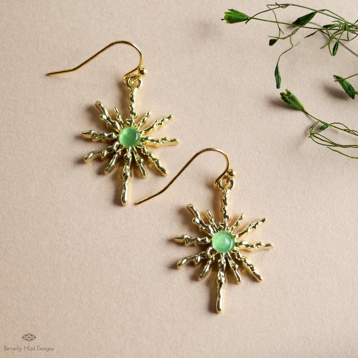 Sun Earrings, Gold Sunburst Earrings with Green Stone, Celestial Boho Jewelry, Dangle Earrings for Women, Sensitive Ear & Clip-On Options