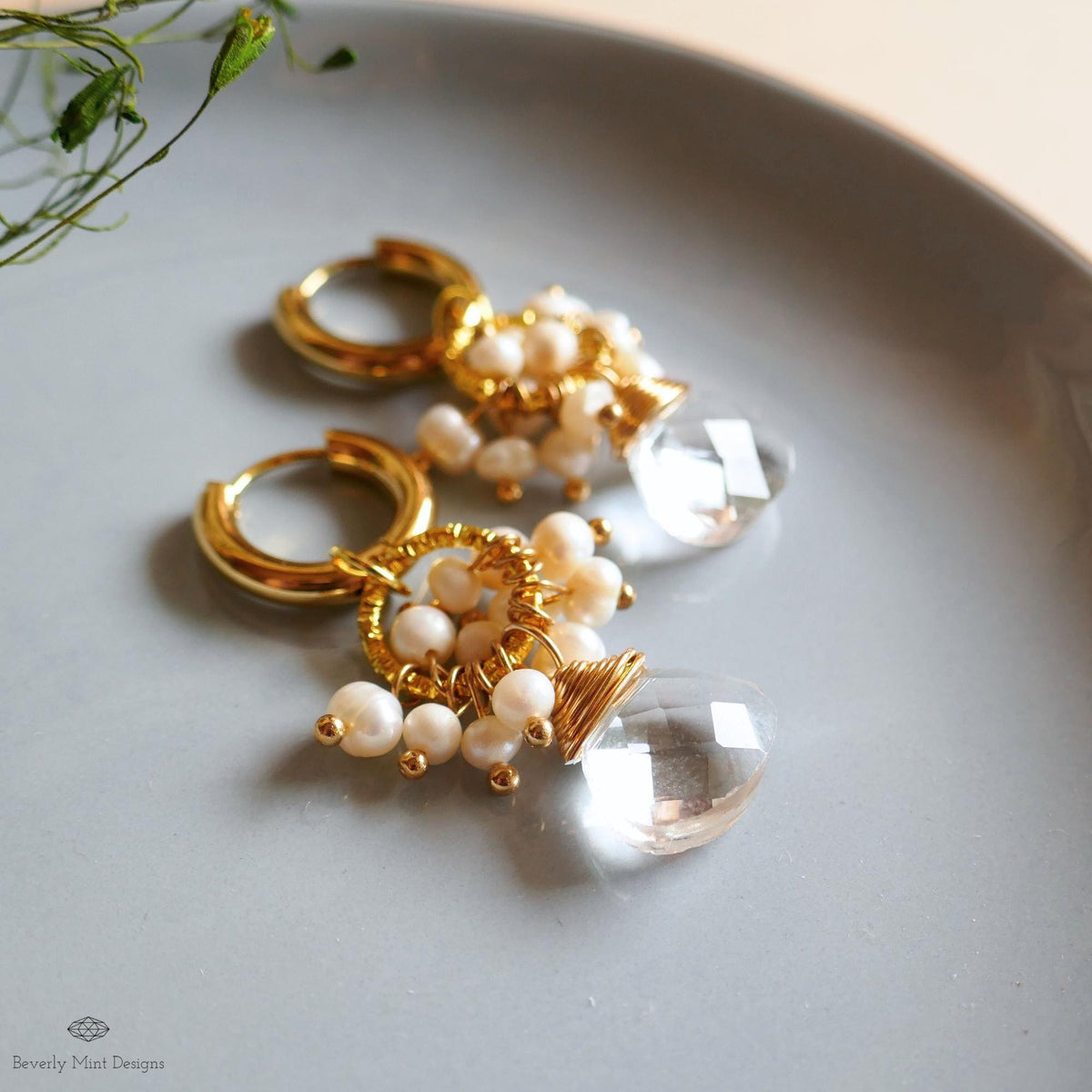 Clear drop earrings, pearl cluster earrings, gold hoop earrings, bridal jewelry, handmade gift for her, dangle earrings