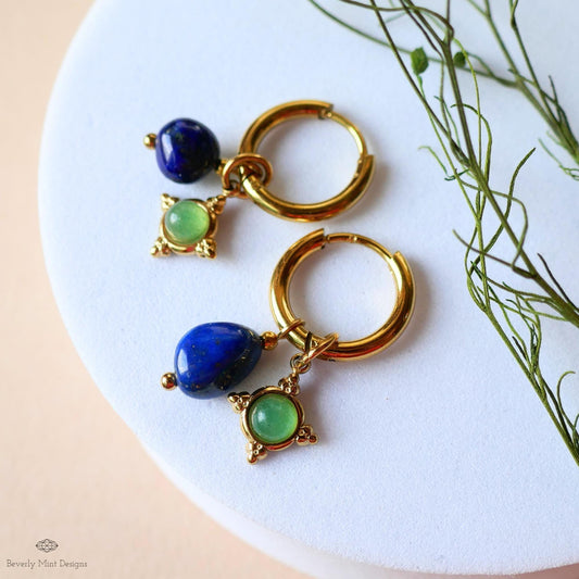 Lapis Lazuli and Green Stone Dangles, Boho Drop Hoops, Unique Jewelry for Her, Dainty , Unique Everyday Jewelry
