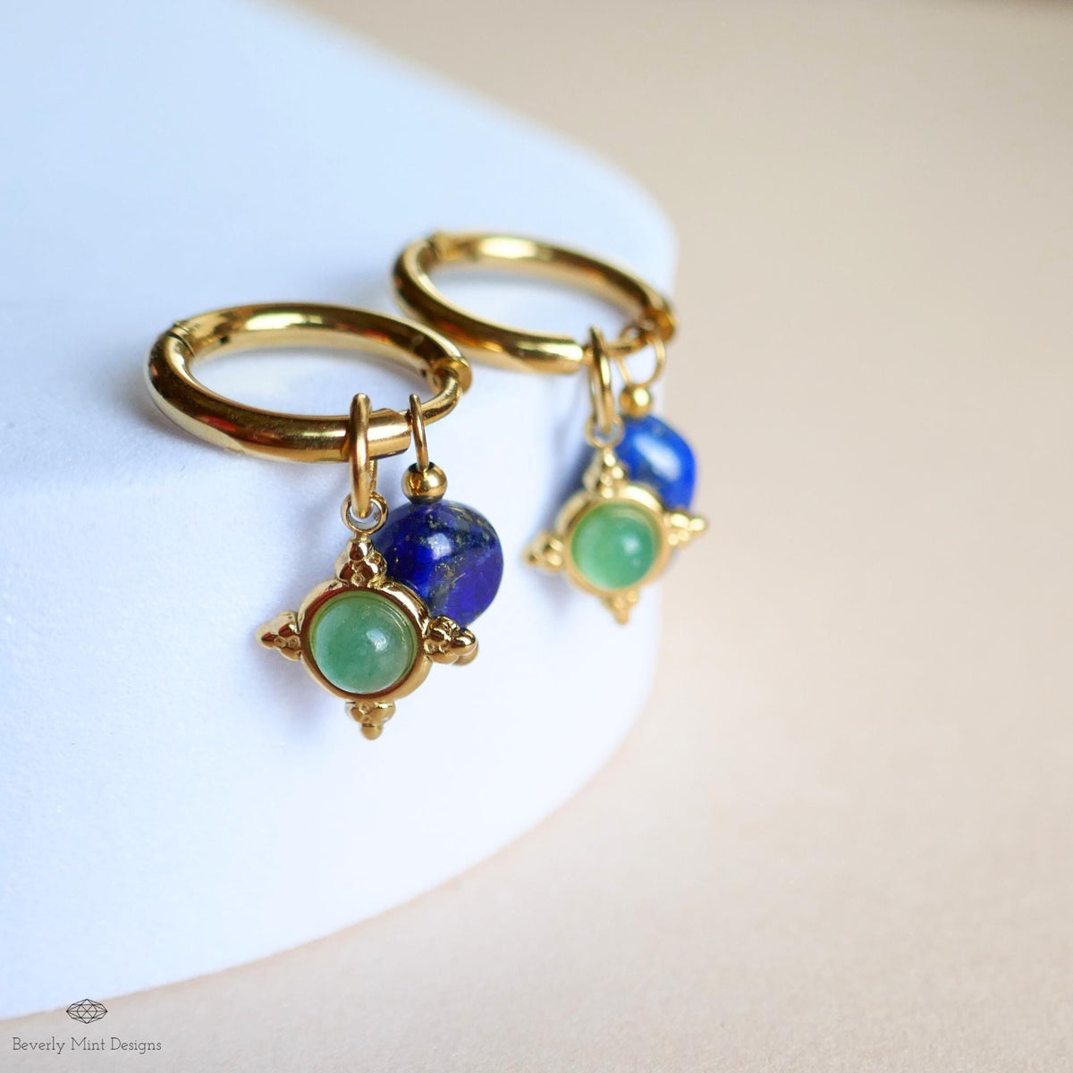 Lapis Lazuli and Green Stone Dangles, Boho Drop Hoops, Unique Jewelry for Her, Dainty , Unique Everyday Jewelry
