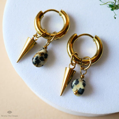 Dalmatian Jasper Spike Earrings, Gold Hoop Earrings, Gemstone Drop Hoops, Edgy Stone Earrings, Modern Jewelry, Statement Hoops