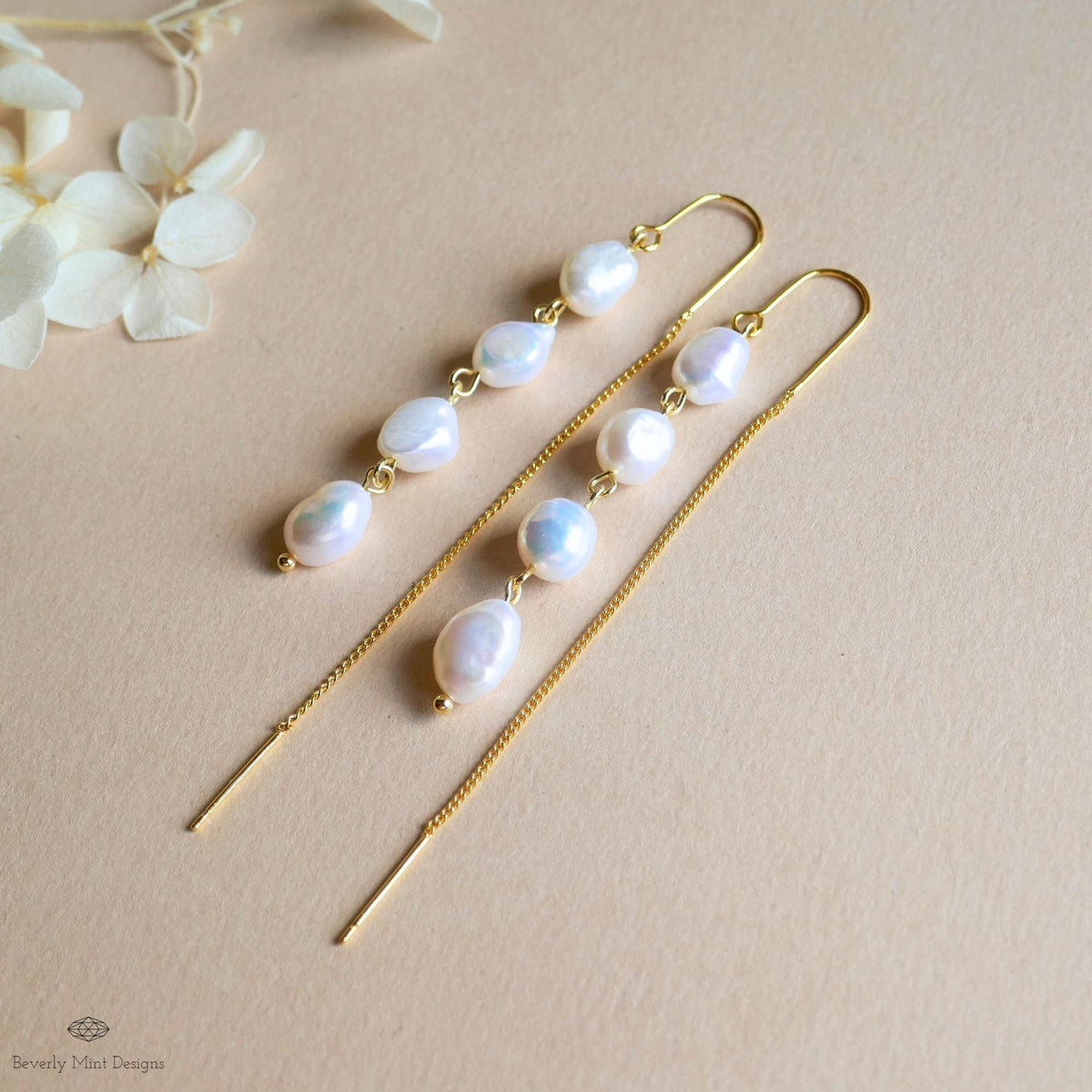 Freshwater Pearl Earrings with Gold Threader, Long Drop Earrings, Dainty Minimalist Jewelry, Sensitive Ear & Clip-On Options