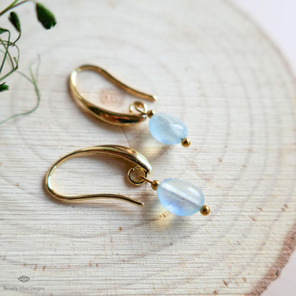 Aquamarine Dangle Earrings, Gold Drop Earrings, Minimalist Earrings, March Birthstone Jewelry, Sensitive Ear & Clip-On Options