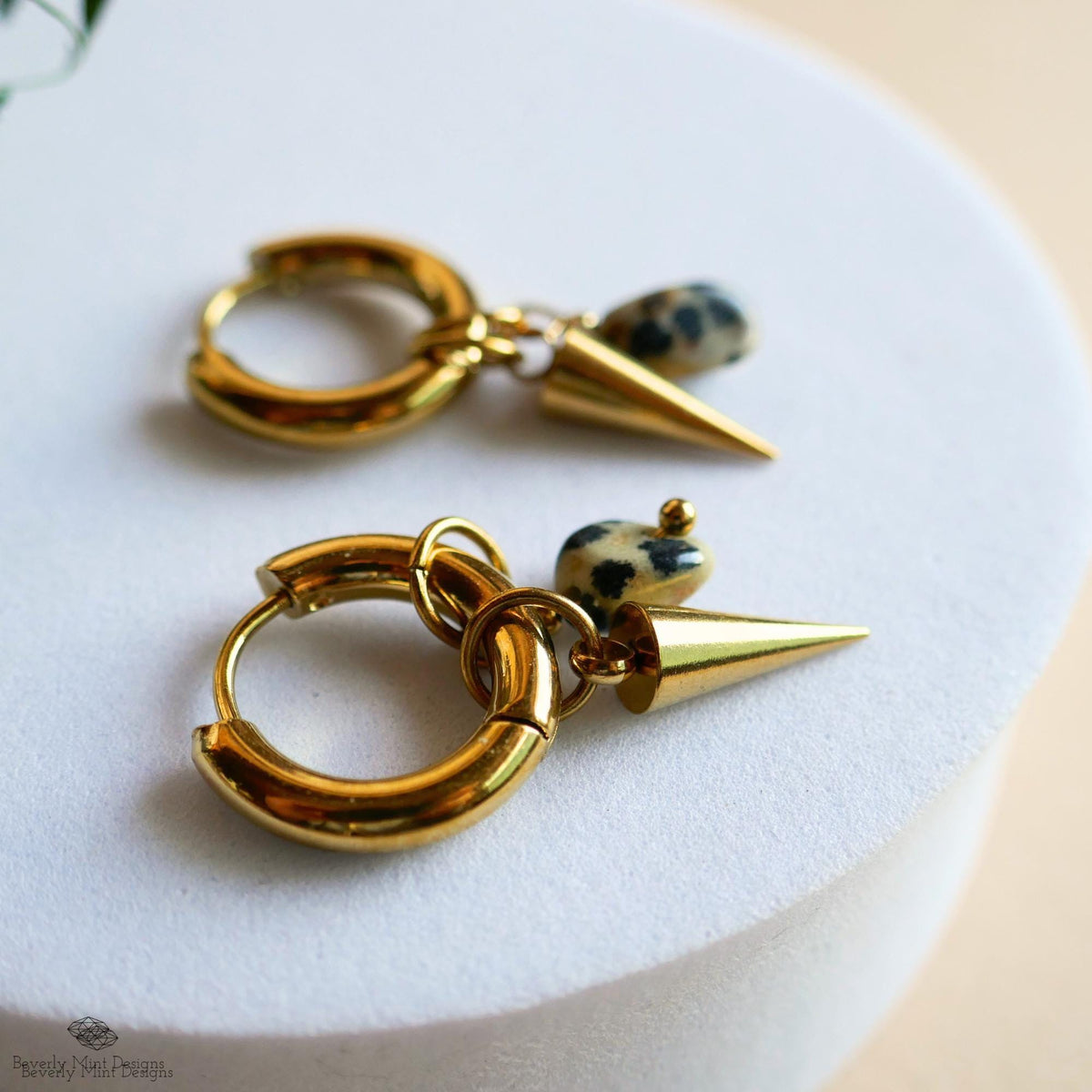 Dalmatian Jasper Spike Earrings, Gold Hoop Earrings, Gemstone Drop Hoops, Edgy Stone Earrings, Modern Jewelry, Statement Hoops