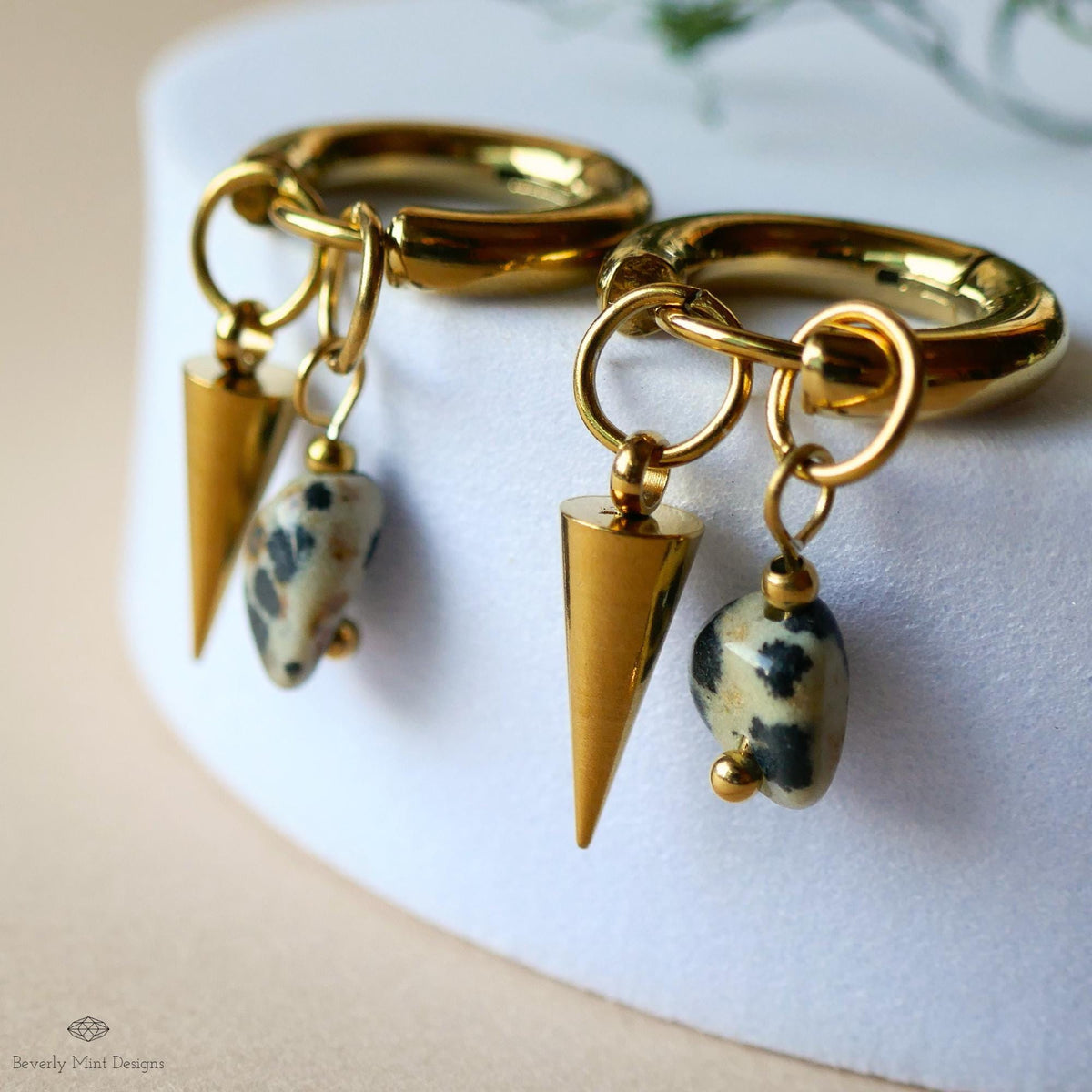 Dalmatian Jasper Spike Earrings, Gold Hoop Earrings, Gemstone Drop Hoops, Edgy Stone Earrings, Modern Jewelry, Statement Hoops