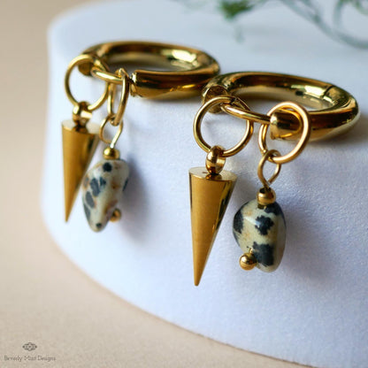 Dalmatian Jasper Spike Earrings, Gold Hoop Earrings, Gemstone Drop Hoops, Edgy Stone Earrings, Modern Jewelry, Statement Hoops