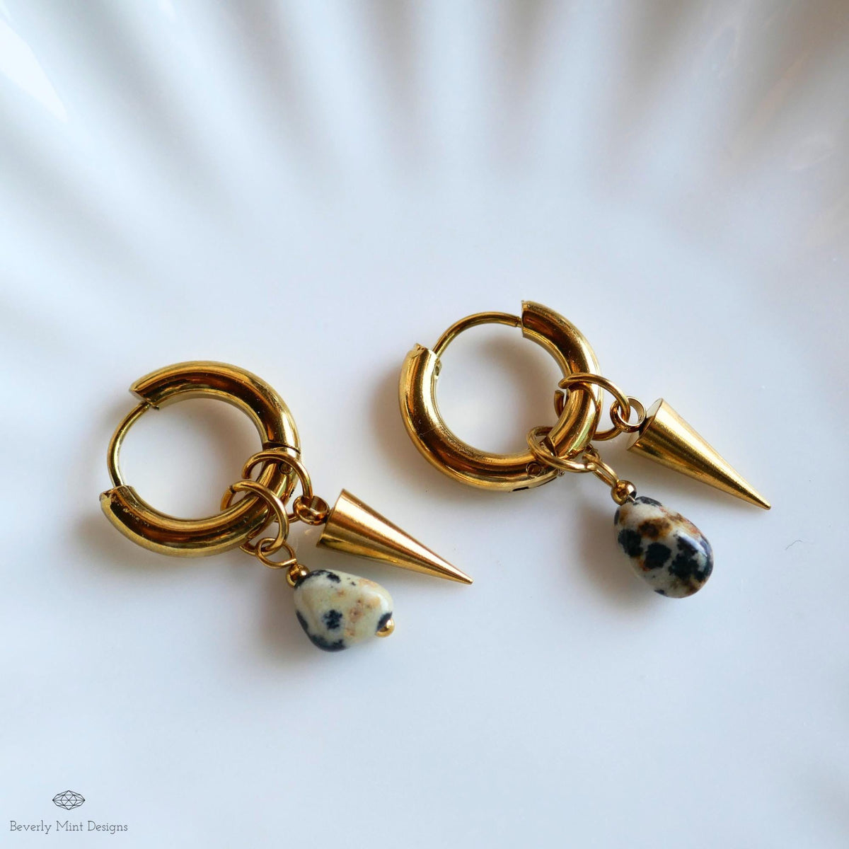Dalmatian Jasper Spike Earrings, Gold Hoop Earrings, Gemstone Drop Hoops, Edgy Stone Earrings, Modern Jewelry, Statement Hoops