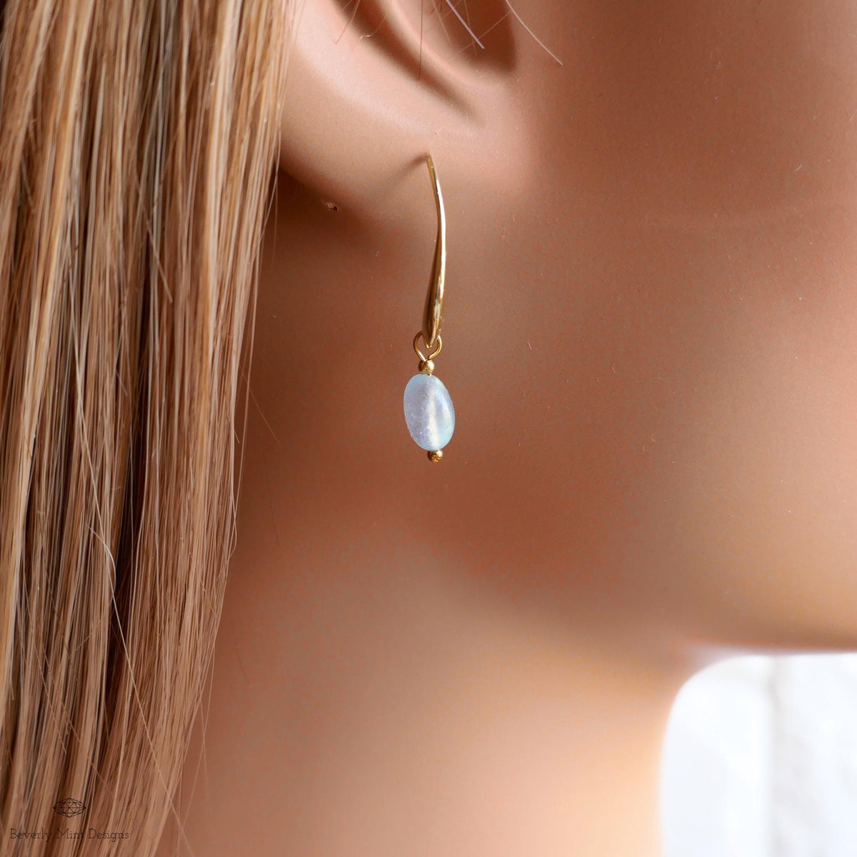 Aquamarine Dangle Earrings, Gold Drop Earrings, Minimalist Earrings, March Birthstone Jewelry, Sensitive Ear & Clip-On Options