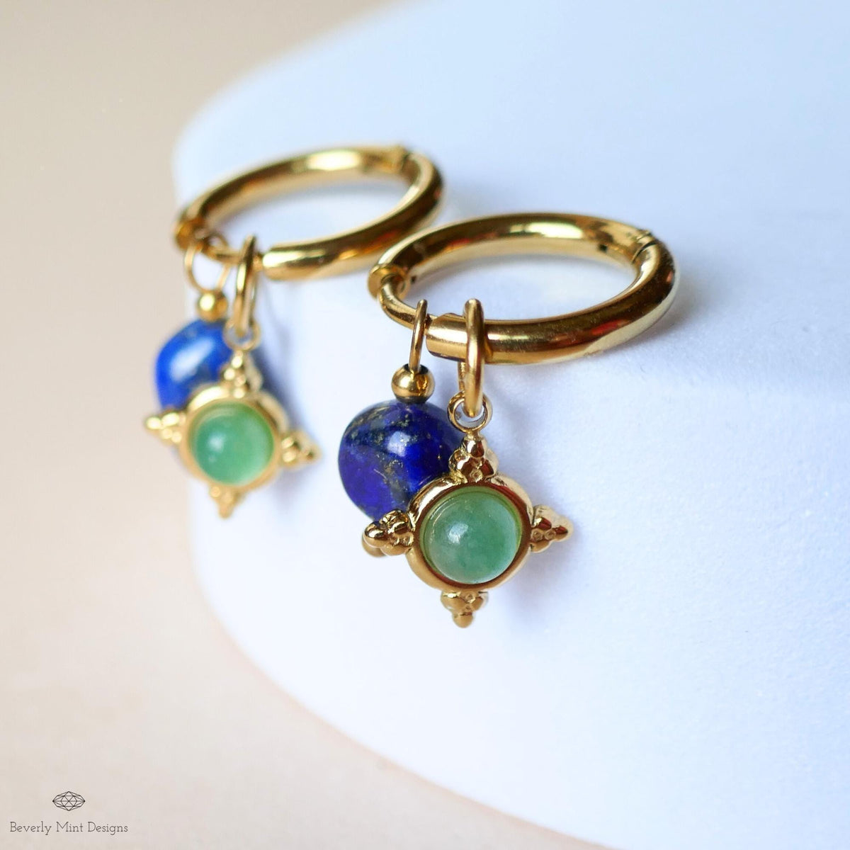 Lapis Lazuli and Green Stone Dangles, Boho Drop Hoops, Unique Jewelry for Her, Dainty , Unique Everyday Jewelry