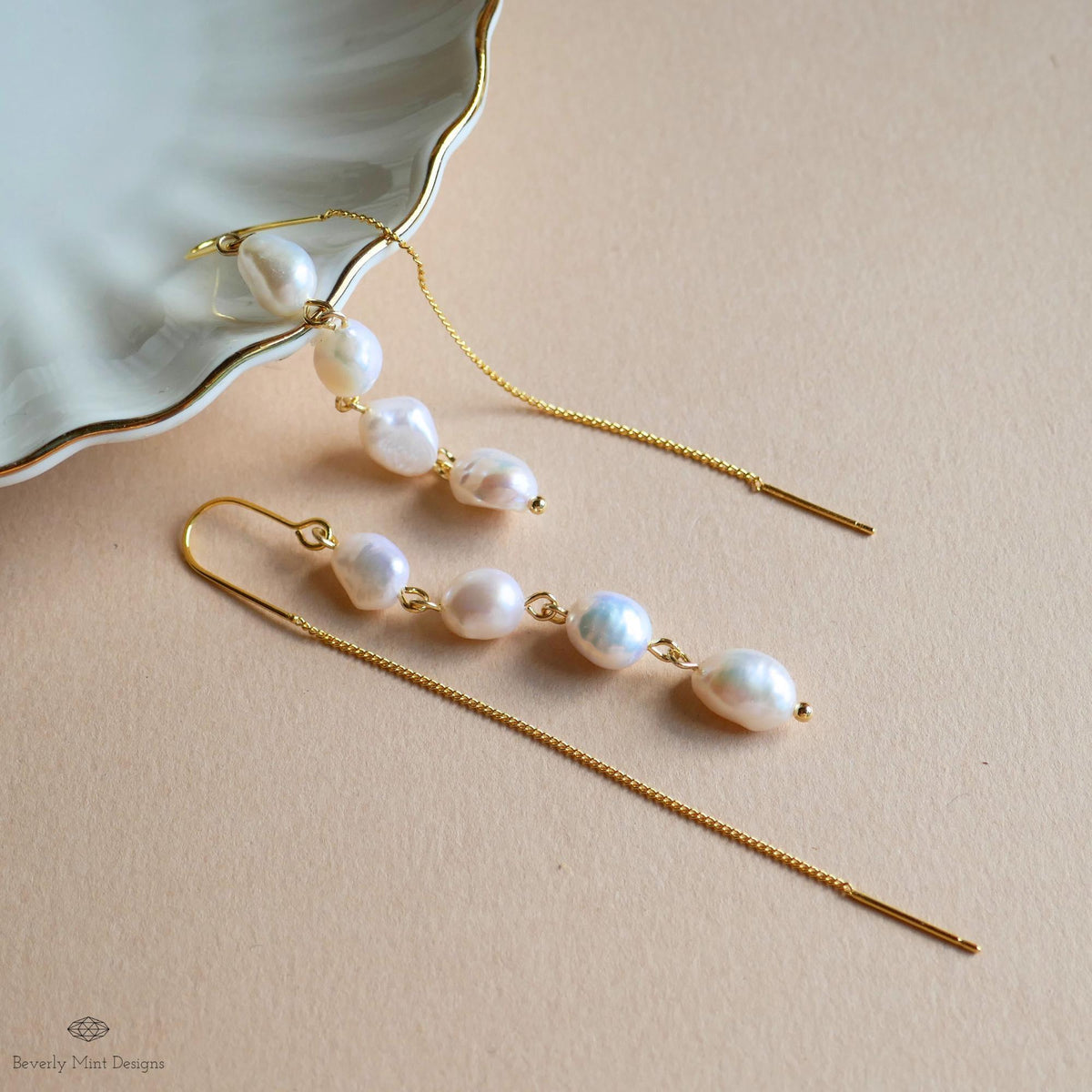 Freshwater Pearl Earrings with Gold Threader, Long Drop Earrings, Dainty Minimalist Jewelry, Sensitive Ear & Clip-On Options