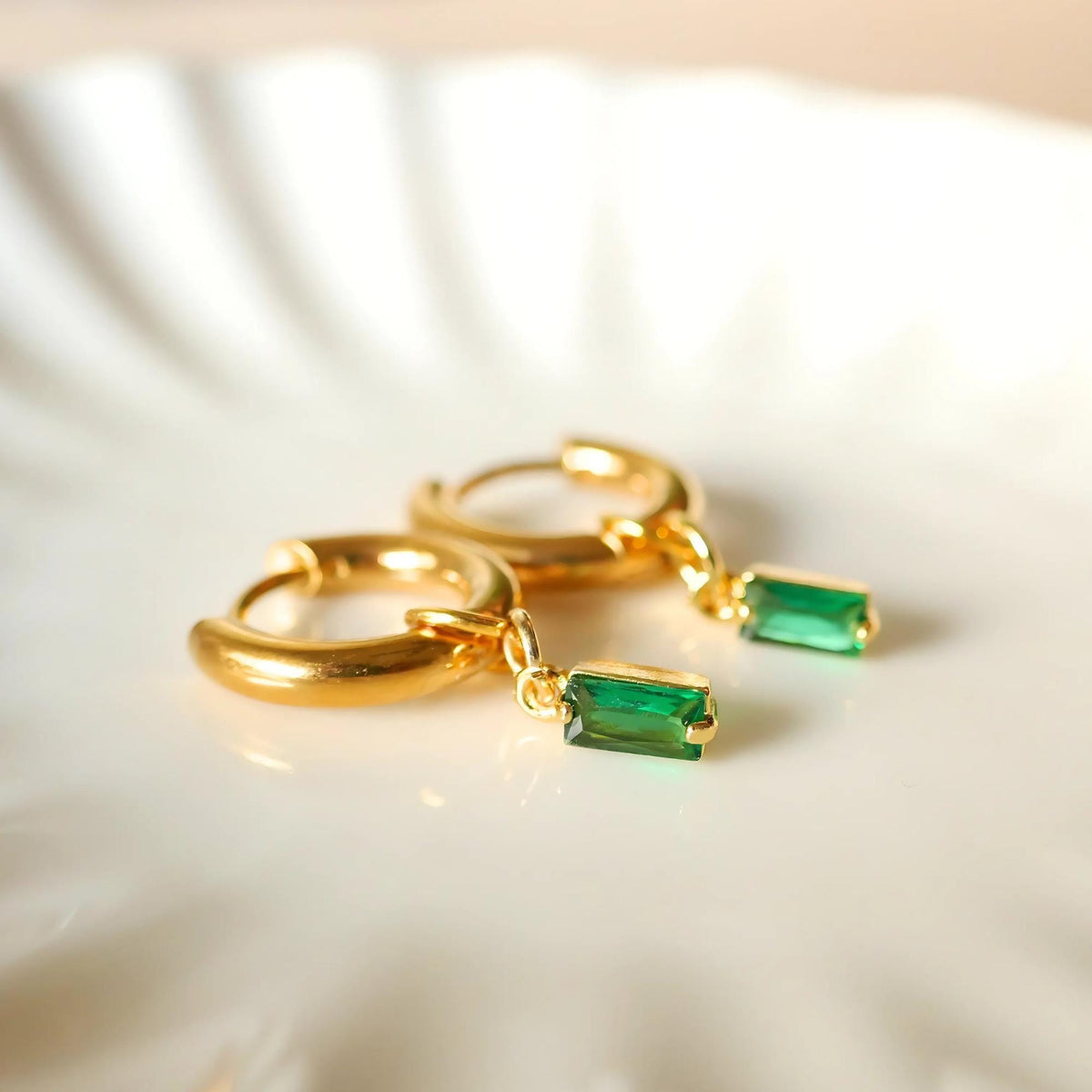 Chunky Gold Hoop Earrings, Green Stone Drop Earrings, Dainty Huggie Hoops, Minimalist Gold Jewelry for Women, Lightweight