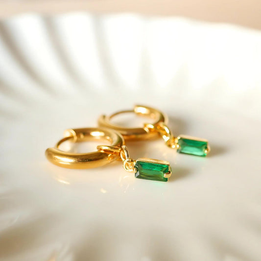 Chunky Gold Hoop Earrings, Green Stone Drop Earrings, Dainty Huggie Hoops, Minimalist Gold Jewelry for Women, Lightweight