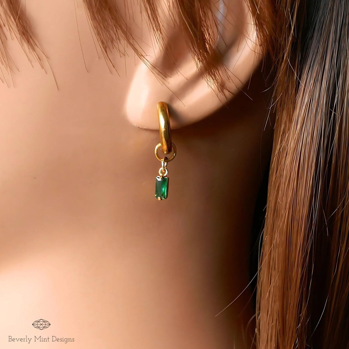 Chunky Gold Hoop Earrings, Green Stone Drop Earrings, Dainty Huggie Hoops, Minimalist Gold Jewelry for Women, Lightweight