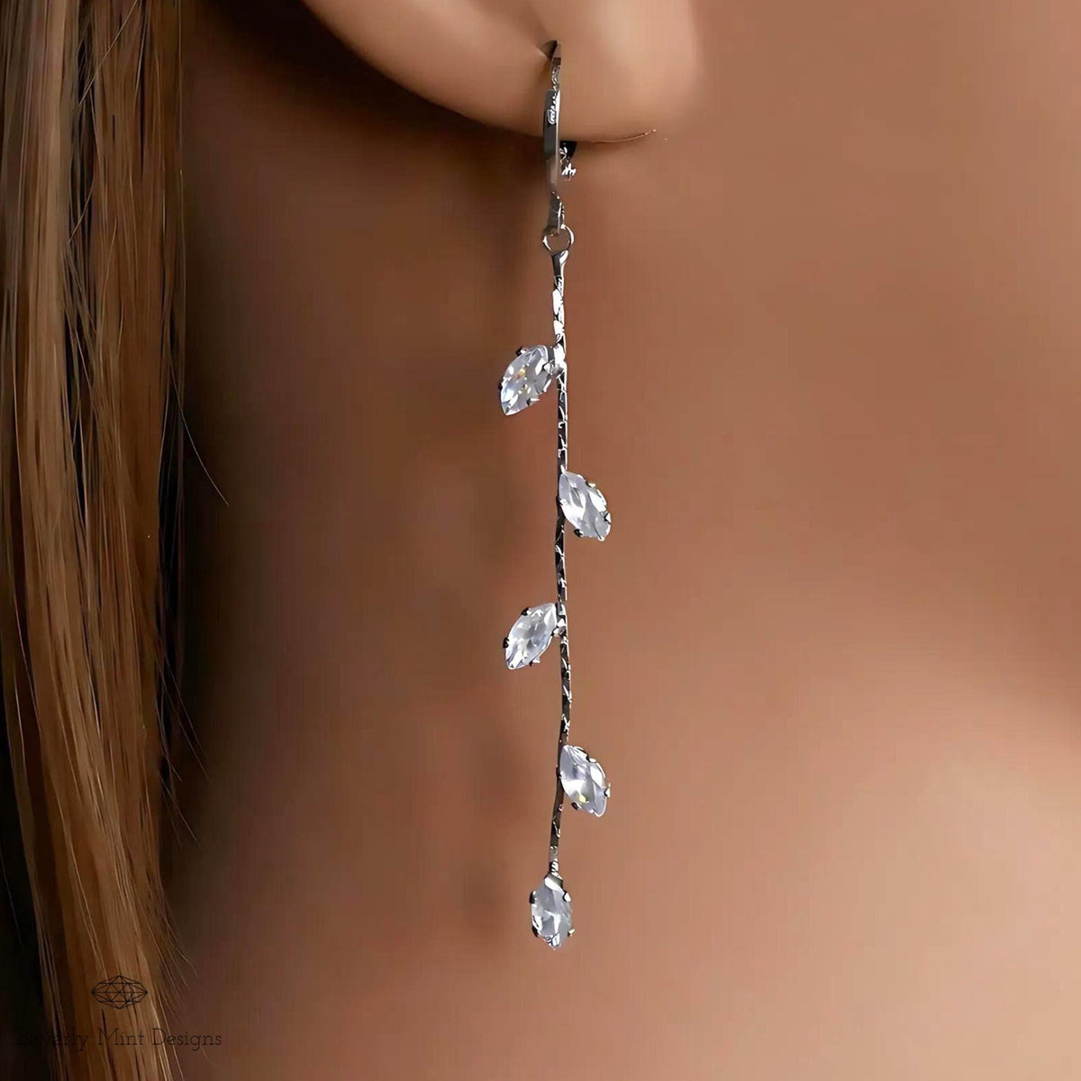 Silver Leaf Earrings, Leaves Earrings, Platinum Plated Long Dangle Earrings, Leafy Earrings, Sensitive Ear & Clip-On Options