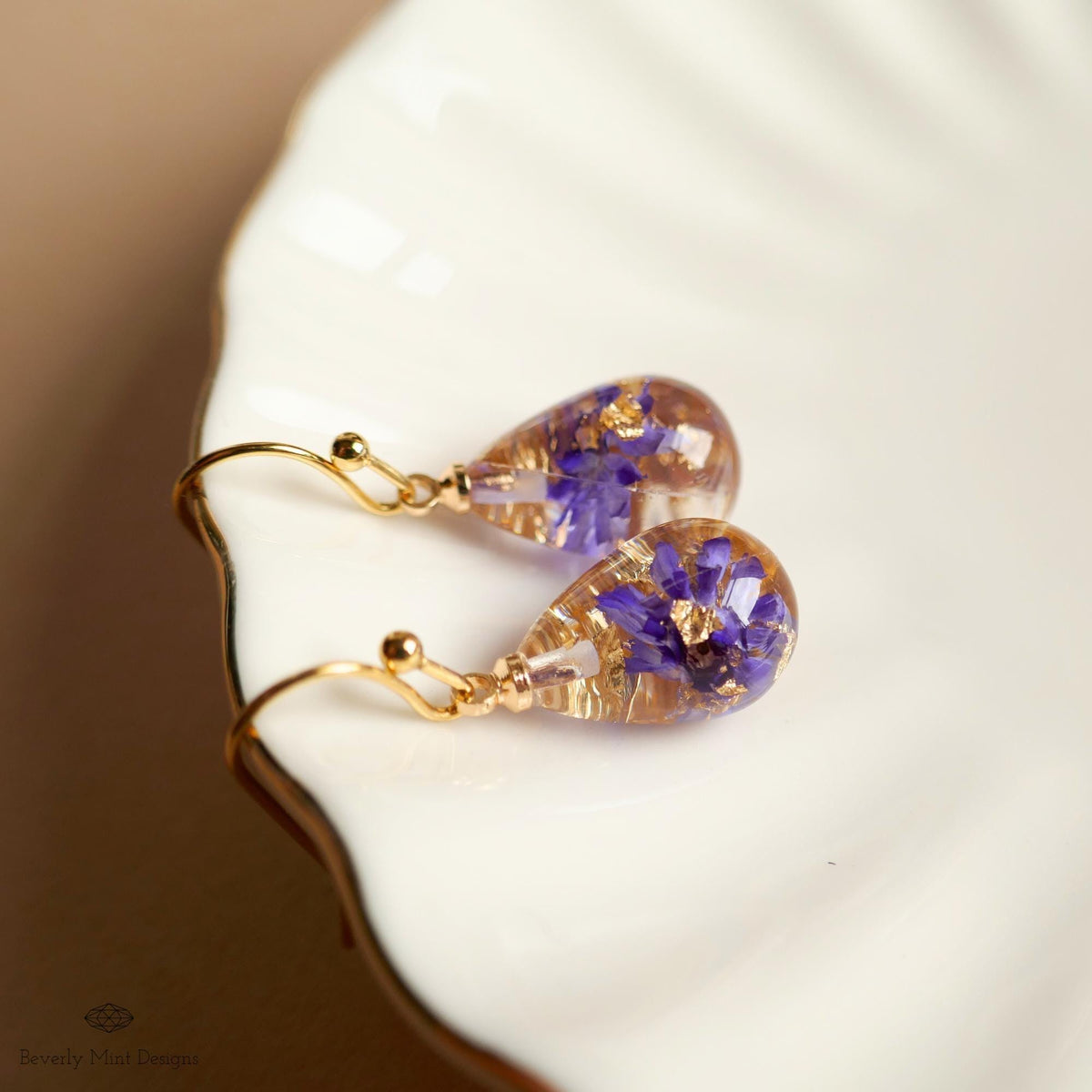 Pressed Flower Resin Earrings, Purple Floral Drop Earrings, Gold Flake Jewelry, Nature Inspired Jewelry, Sensitive Ear & Clip-On Options