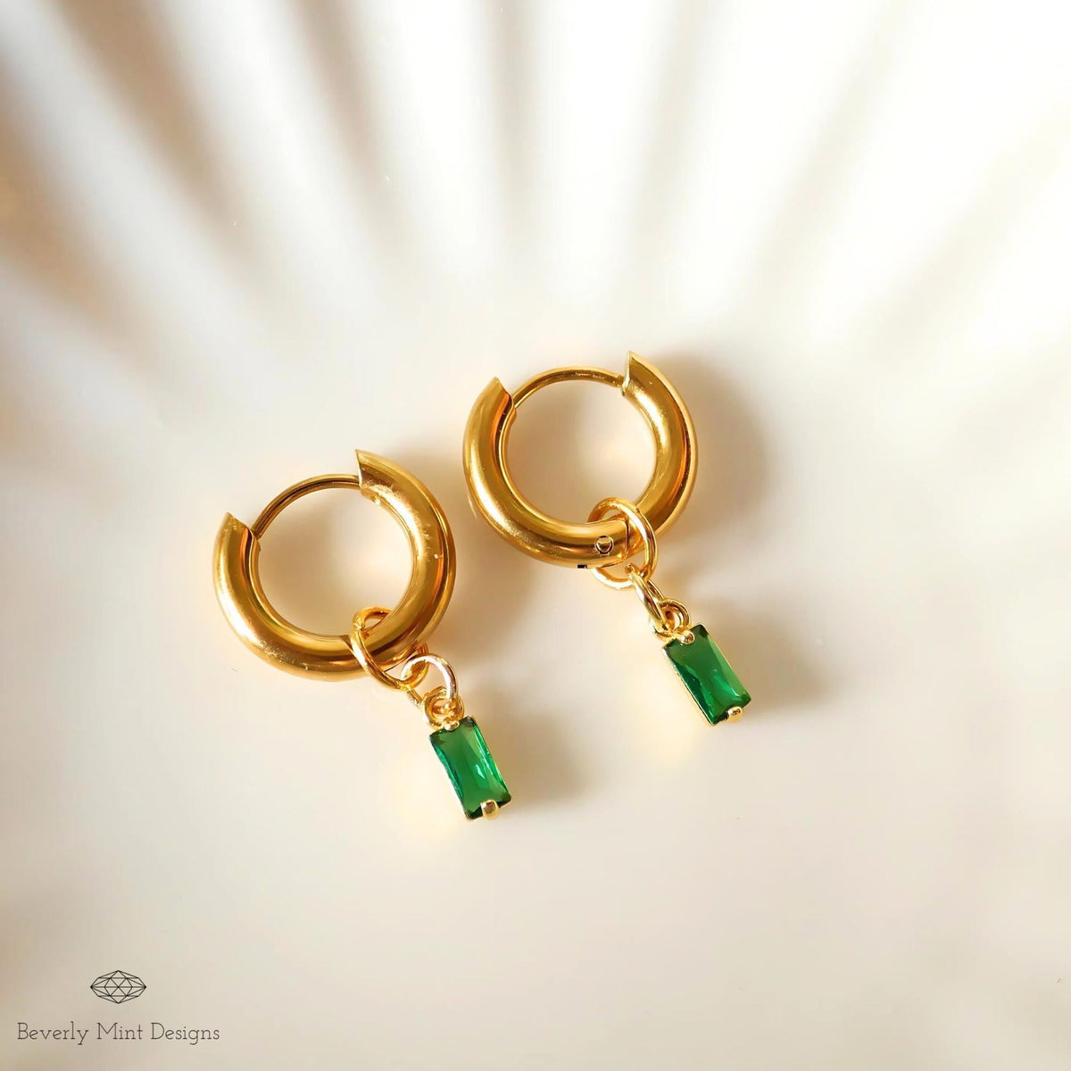Chunky Gold Hoop Earrings, Green Stone Drop Earrings, Dainty Huggie Hoops, Minimalist Gold Jewelry for Women, Lightweight