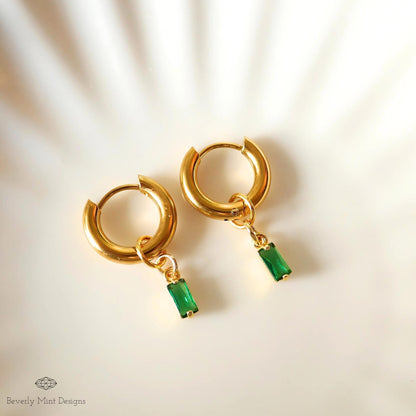 Chunky Gold Hoop Earrings, Green Stone Drop Earrings, Dainty Huggie Hoops, Minimalist Gold Jewelry for Women, Lightweight
