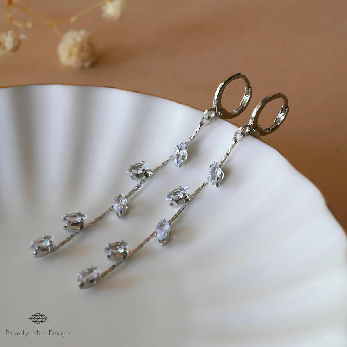 Silver Leaf Earrings, Leaves Earrings, Platinum Plated Long Dangle Earrings, Leafy Earrings, Sensitive Ear & Clip-On Options