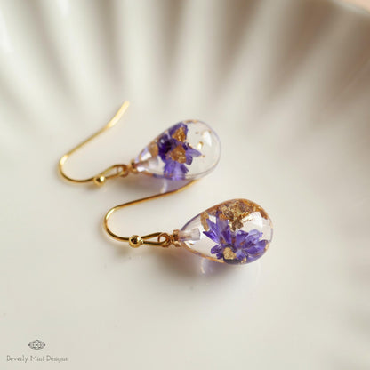 Pressed Flower Resin Earrings, Purple Floral Drop Earrings, Gold Flake Jewelry, Nature Inspired Jewelry, Sensitive Ear & Clip-On Options