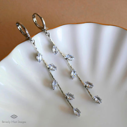 Silver Leaf Earrings, Leaves Earrings, Platinum Plated Long Dangle Earrings, Leafy Earrings, Sensitive Ear & Clip-On Options