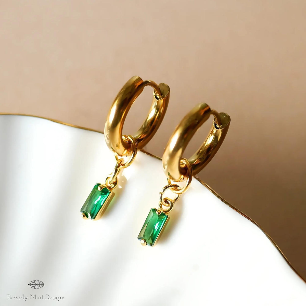 Chunky Gold Hoop Earrings, Green Stone Drop Earrings, Dainty Huggie Hoops, Minimalist Gold Jewelry for Women, Lightweight