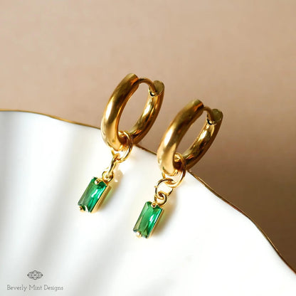 Chunky Gold Hoop Earrings, Green Stone Drop Earrings, Dainty Huggie Hoops, Minimalist Gold Jewelry for Women, Lightweight