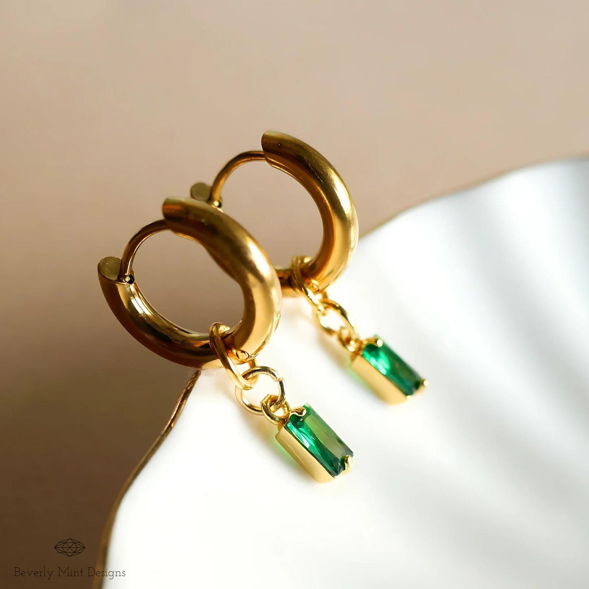 Chunky Gold Hoop Earrings, Green Stone Drop Earrings, Dainty Huggie Hoops, Minimalist Gold Jewelry for Women, Lightweight